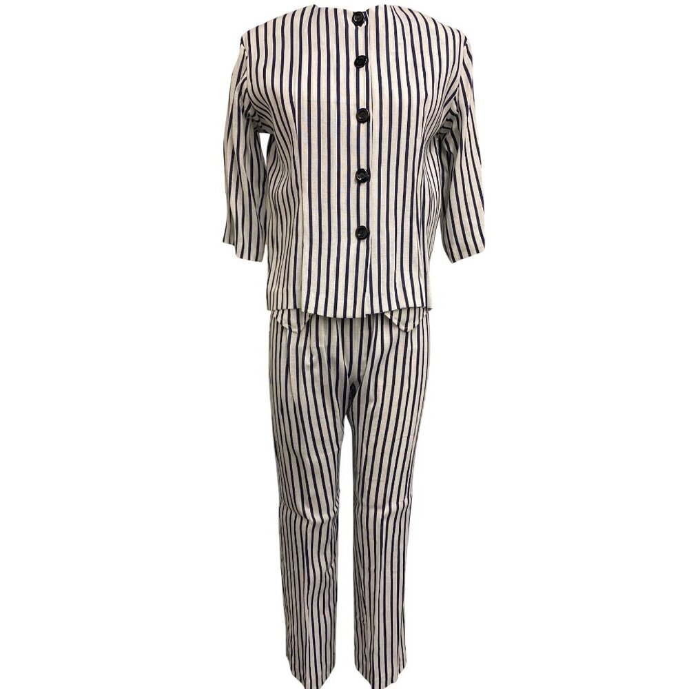 Vintage Navy and White Striped Three-Piece Set Button-Up Blouse, Vest and Pants